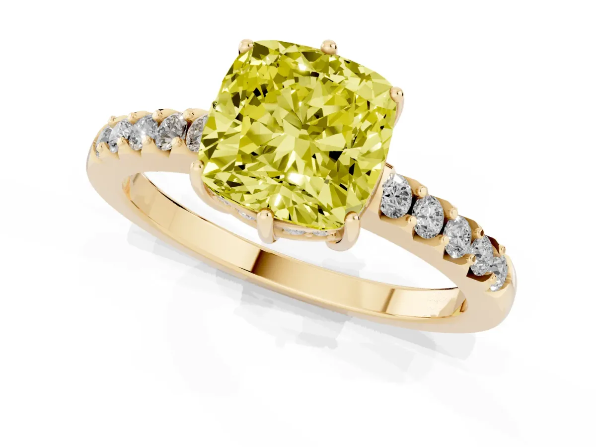Fancy Yellow Cushion Cut Solitaire Diamond Engagement Ring with Pavé Band and Six-Prong Setting Yellow gold