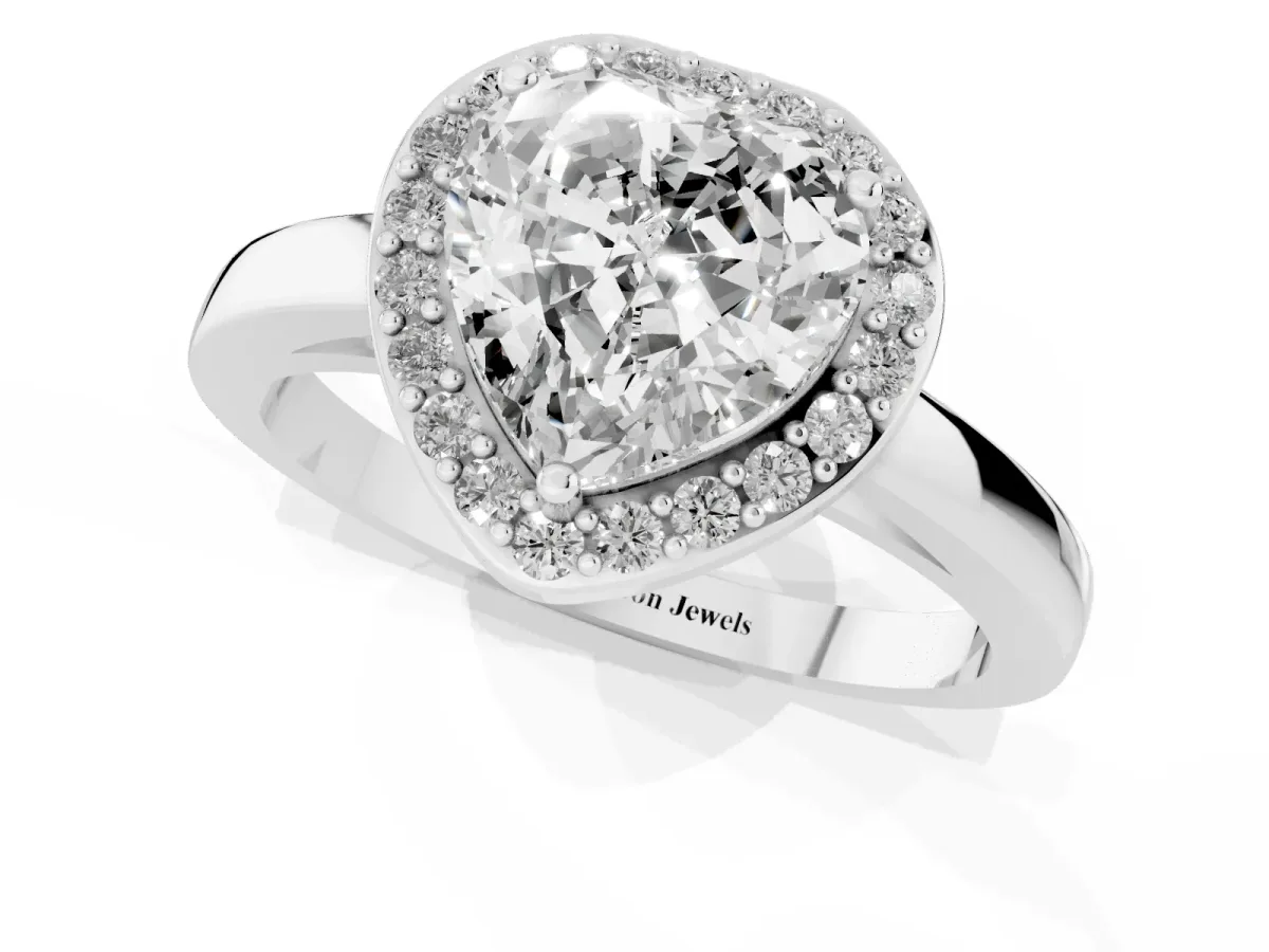 Heart Cut Halo Diamond Ring with Solitaire Band and Prong Setting Silver