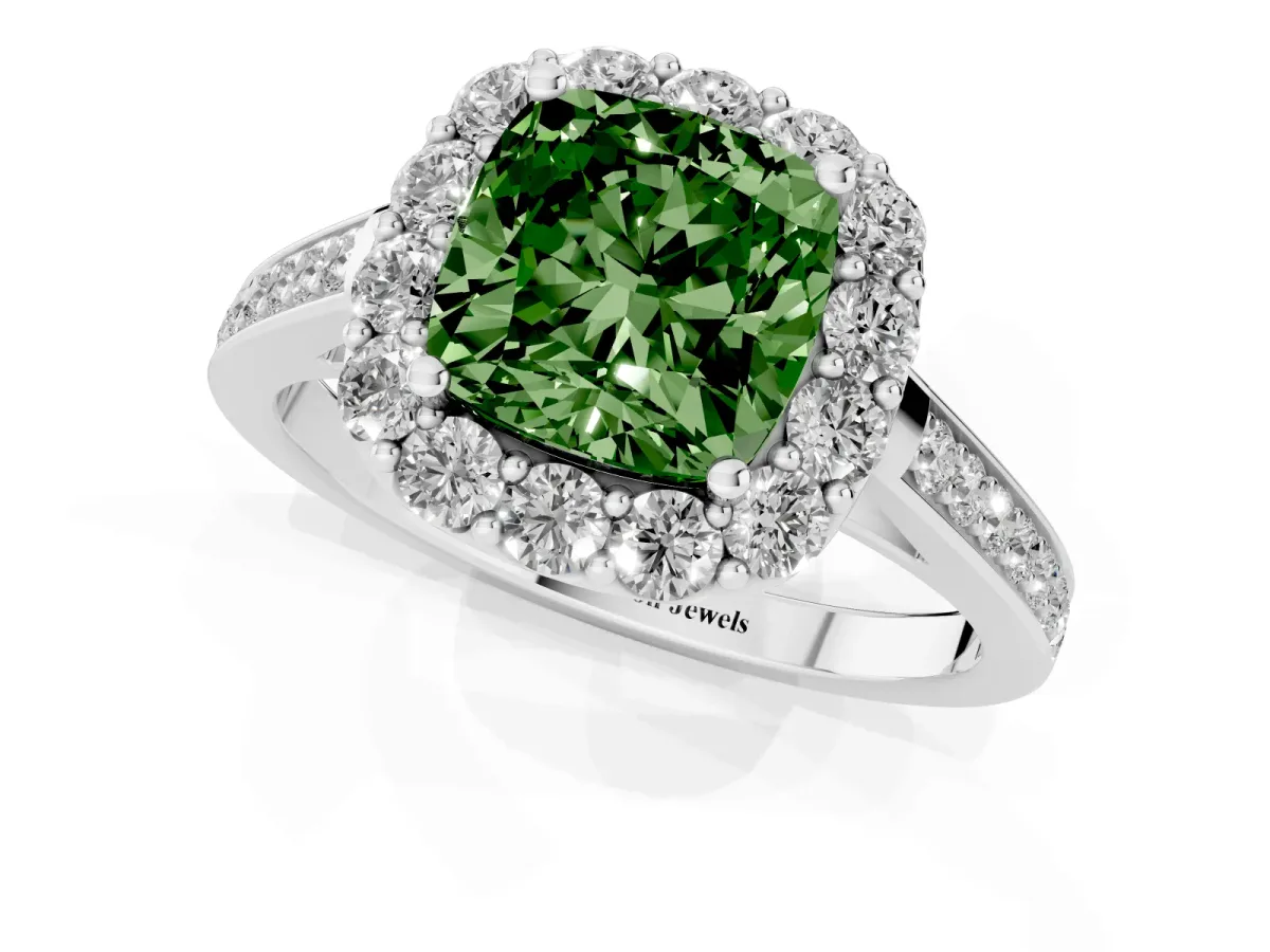 Fancy Green Cushion Cut Diamond Floral Halo Ring with Pavé Band and Prong Setting White gold