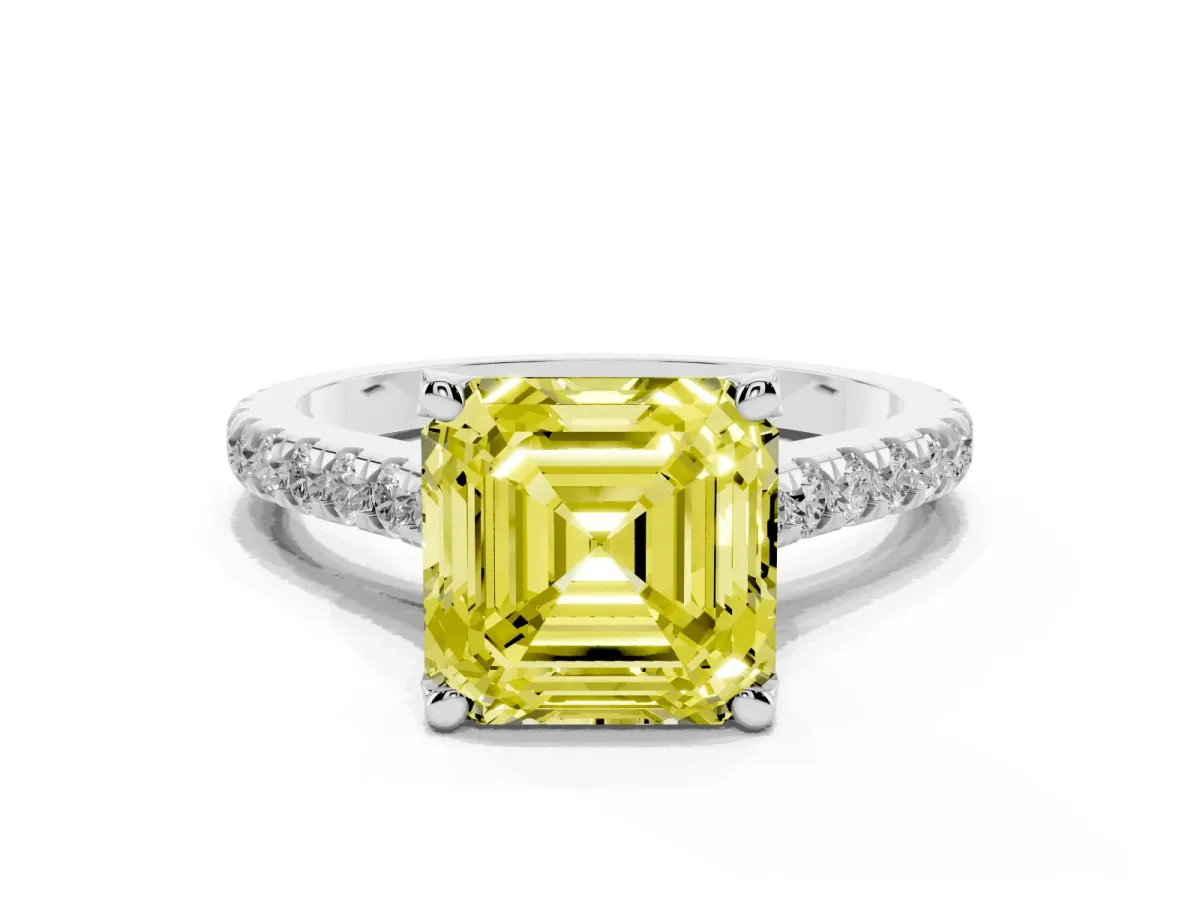 Fancy Yellow Asscher Cut Brilliant Diamond Solitaire with Pavé Band and Four-Prong Setting Silver