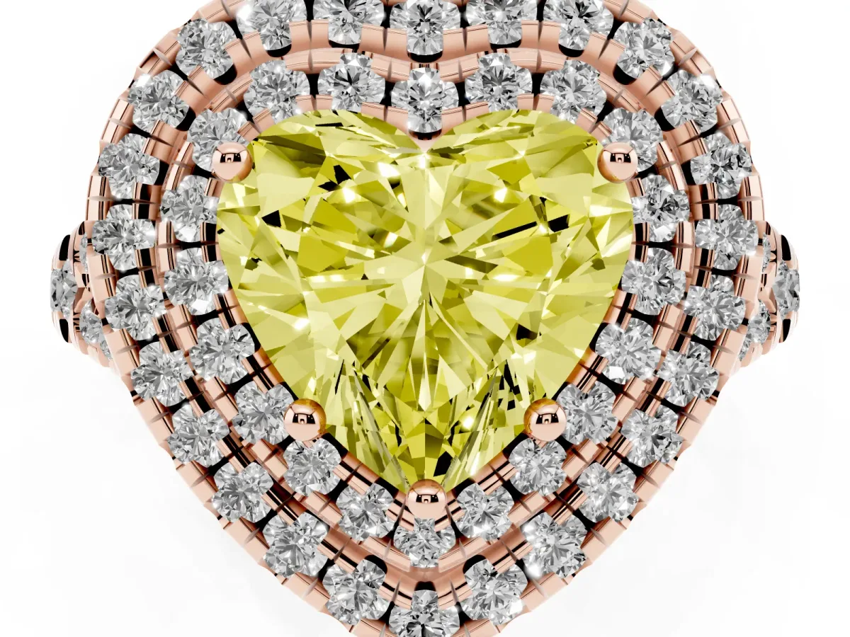 Fancy Yellow Double Halo Heart Cut Diamond Pavé Split Shank Ring with Prong Setting Rose gold