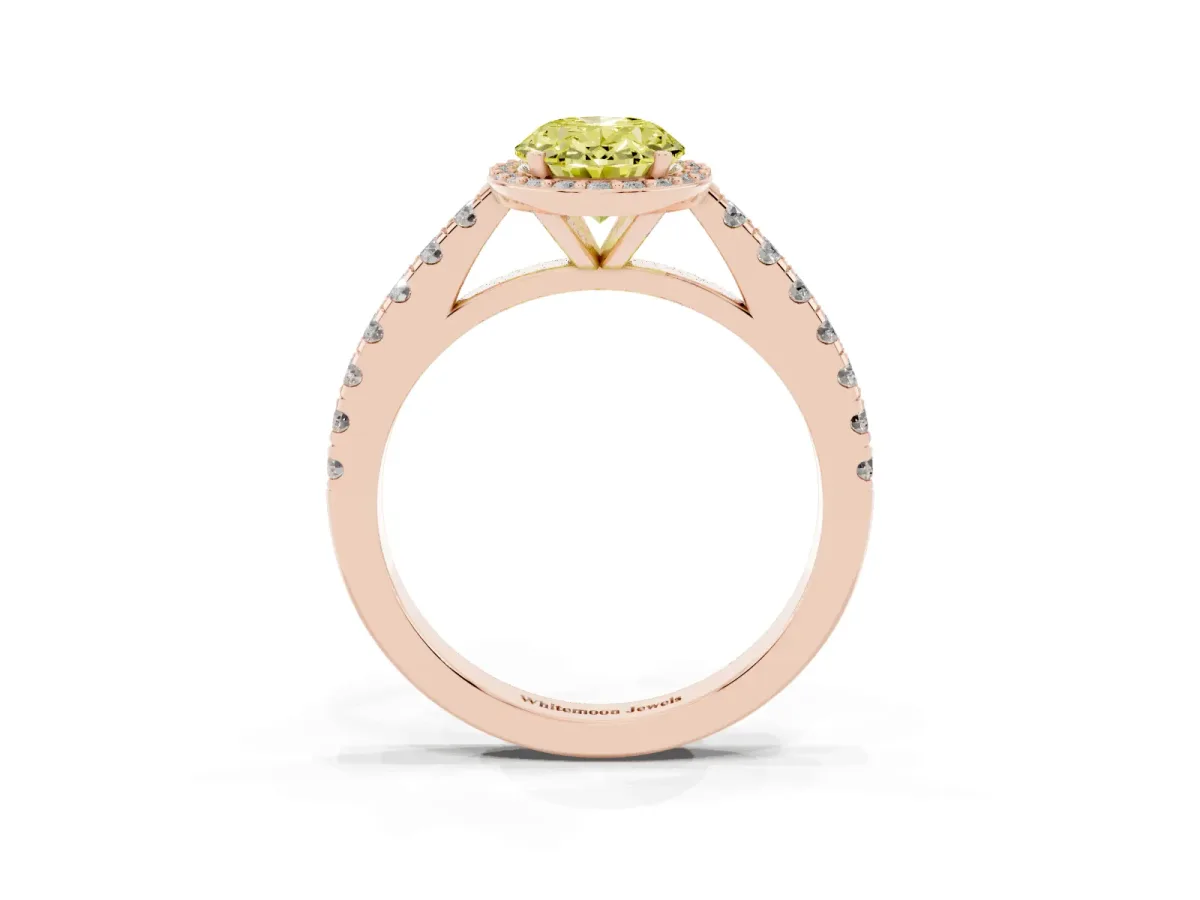 Fancy Yellow Oval Cut Cut Halo Diamond Engagement Ring with Pave Band and Four-Prong Setting Rose gold