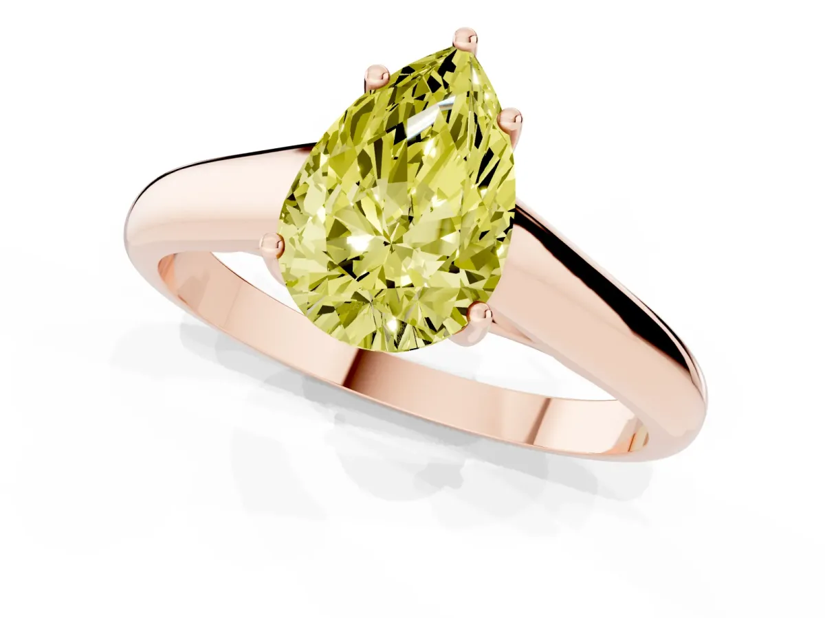 Fancy Yellow Pear Cut Solitaire Engagement Ring with Tapered Band and Four-Prong Setting Rose gold
