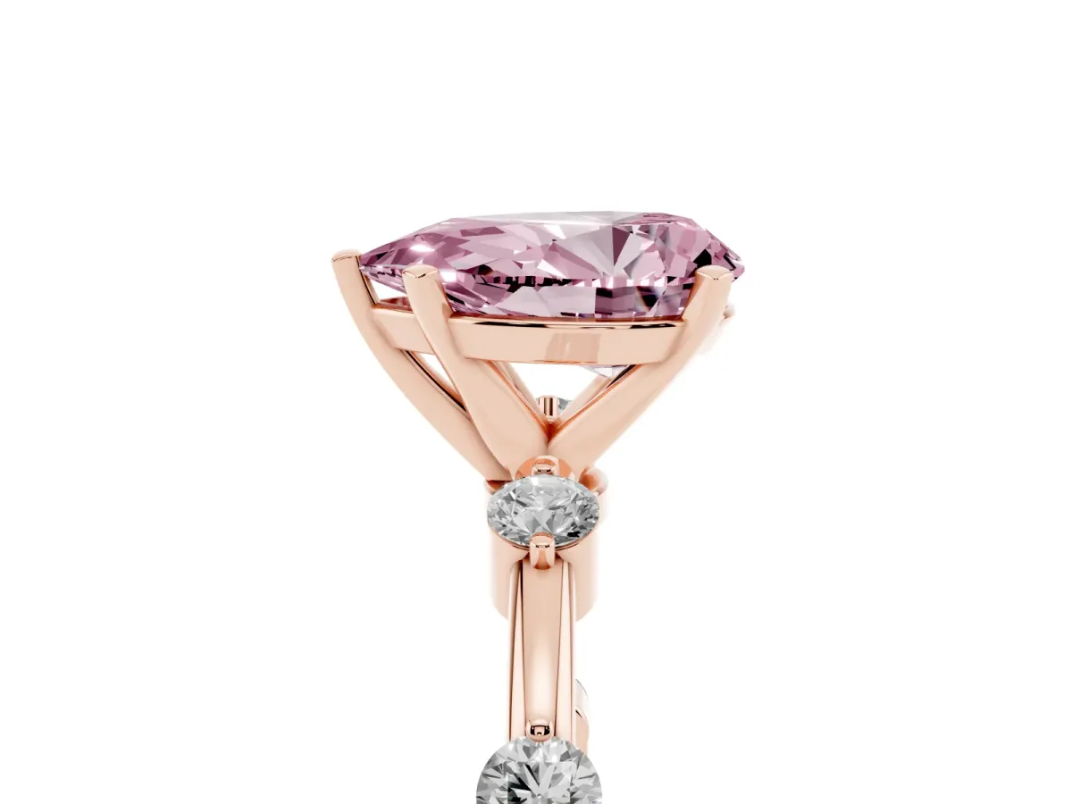 Fancy Pink Pear Cut Solitaire Diamond Ring with Bezel Set Side Stones and Prong Setting Rose gold