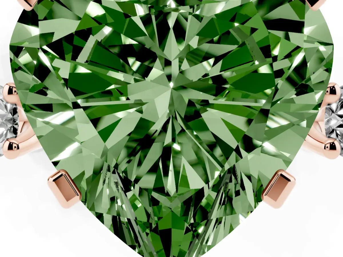 Fancy Green Heart Cut Cut Three-Stone Solitaire Ring with Round Accent Diamonds and Four-Prong Setting Rose gold