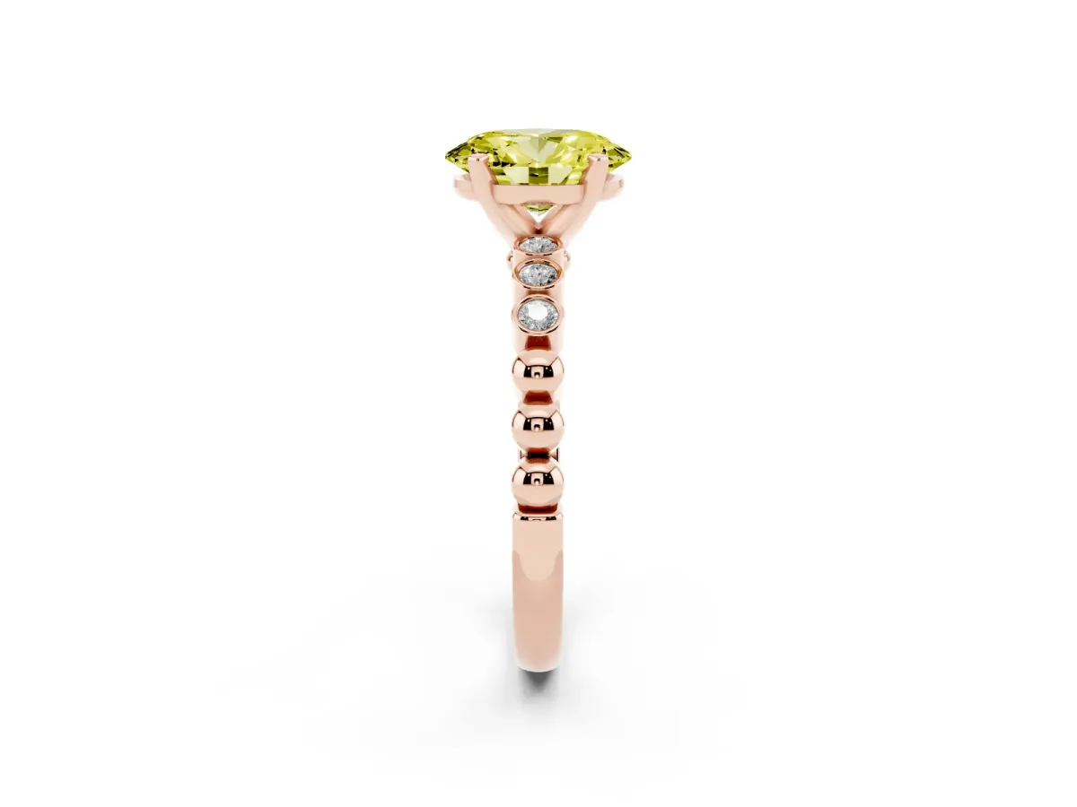 Fancy Yellow Oval Cut Solitaire Bezel Accent Diamond Engagement Ring with Beaded Band and Four-Prong Setting Rose gold