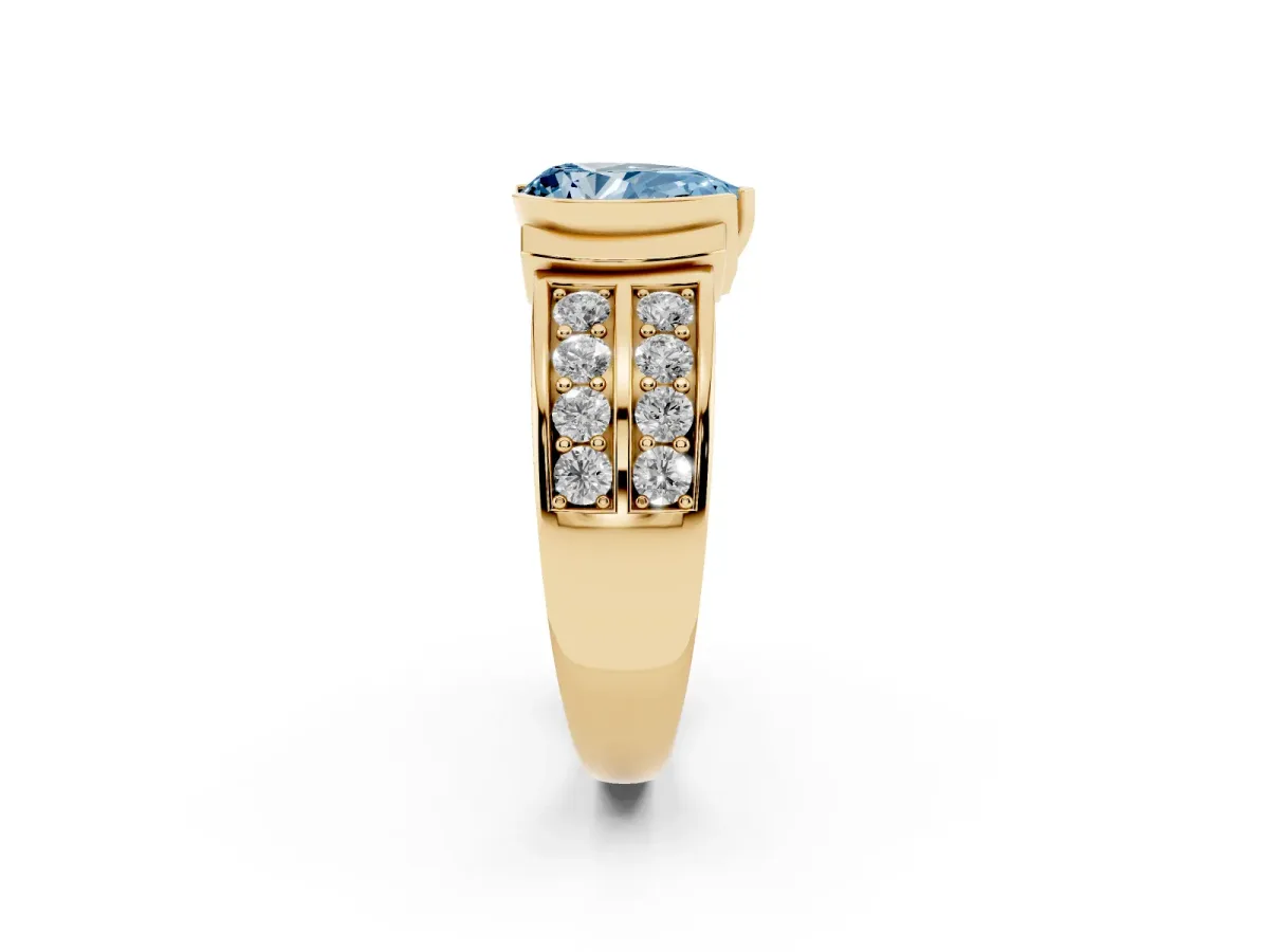 Fancy Blue Pear Cut Brilliant Diamond Channel Set Wide Band Ring with Bezel Setting Yellow gold
