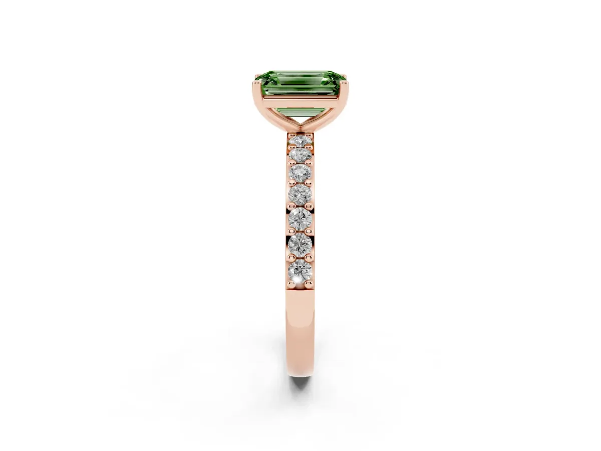 Fancy Green Emerald Cut Cut Diamond Solitaire with Pave Band and Four-Prong Setting Rose gold