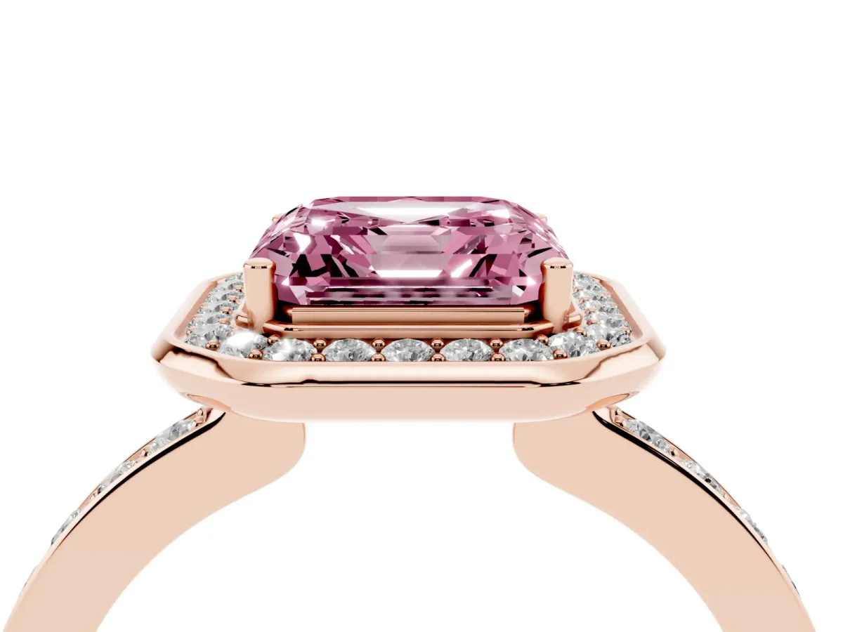 Fancy Pink Asscher Cut Diamond Halo Ring with Bezel Frame and Pavé Band Rose gold
