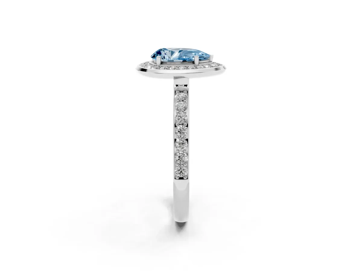 Fancy Blue Pear Cut Diamond Halo Ring with Bezel Frame and Pavé Band Silver