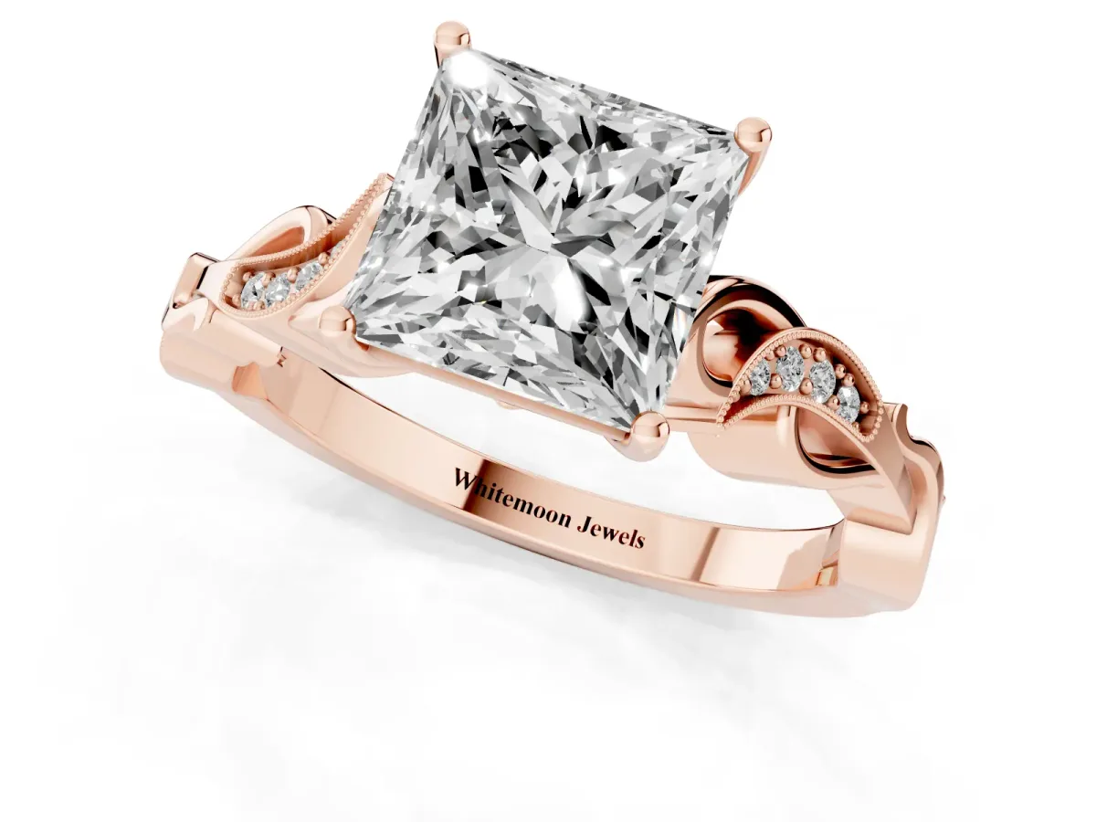 Princess Cut Solitaire Vine Band with Milgrain Prong Setting Rose gold