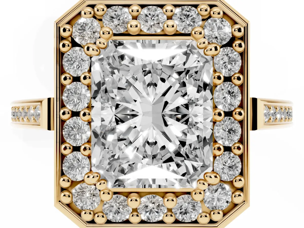 Radiant Cut Diamond Halo Ring with Split Shank and Four-Prong Setting Yellow gold