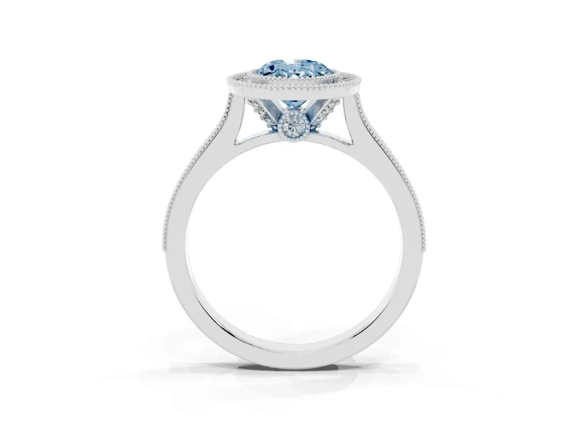 Fancy Blue Halo Oval Cut-Cut Diamond Pave Band Milgrain Prong Setting Ring Silver