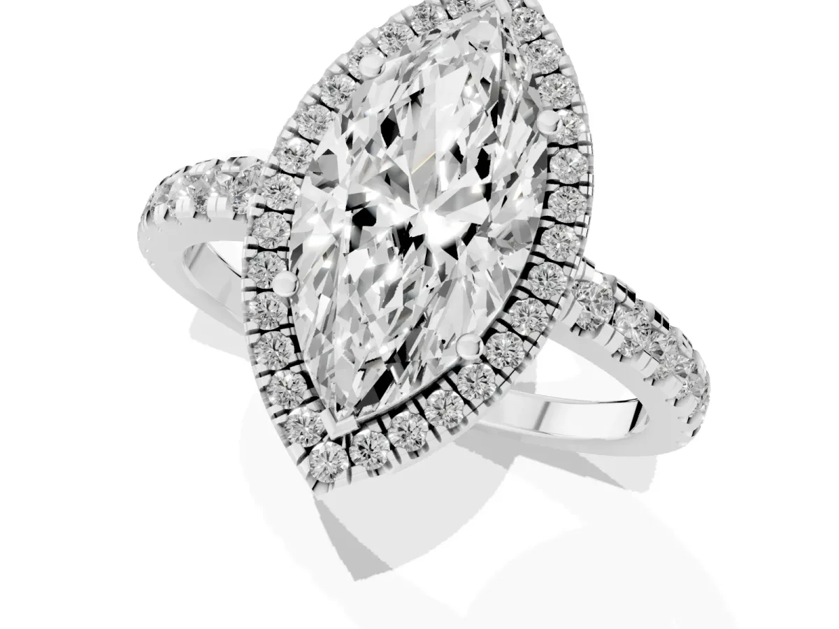 Marquise Cut Diamond Halo Ring with Pavé Band and Four-Prong Setting White gold