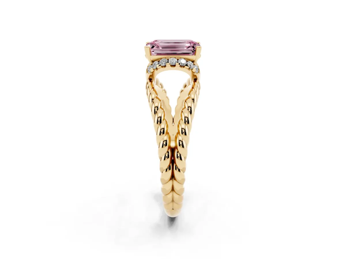 Fancy Pink Emerald Cut Halo Twisted Band Four-Prong Ring Yellow gold