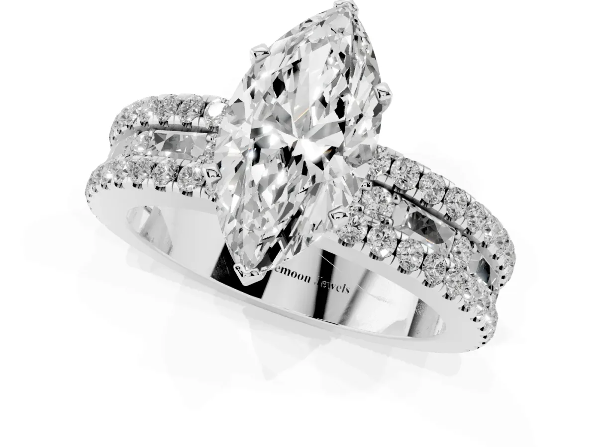 Marquise Cut Diamond Solitaire Ring with Pavé and Channel Set Band Silver