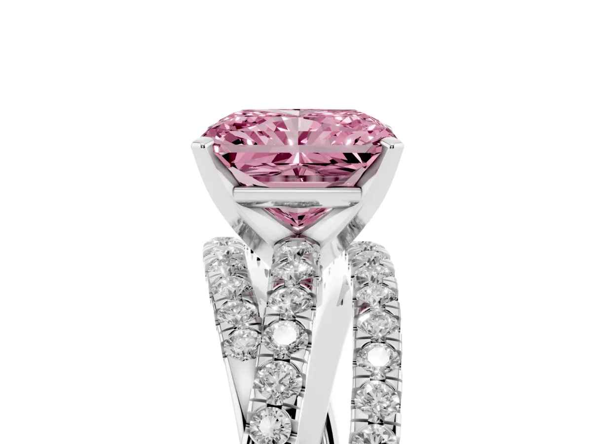 Fancy Pink Radiant Cut Solitaire Twist Band with Pavé Setting and Four-Prong Setting Silver