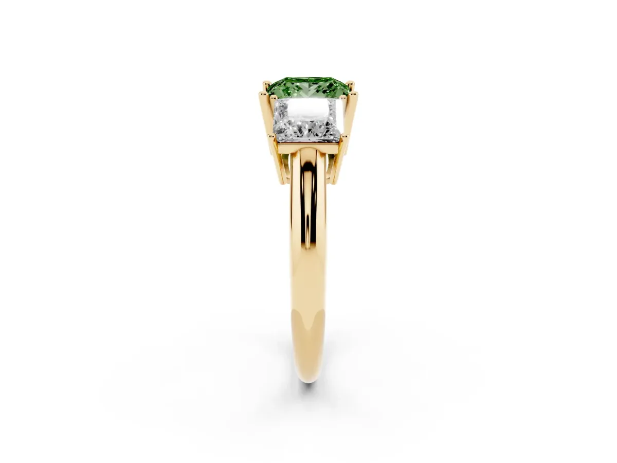 Fancy Green Three-Stone Princess Cut Cut Diamond Engagement Ring with Prong Setting on a White Gold Band Yellow gold