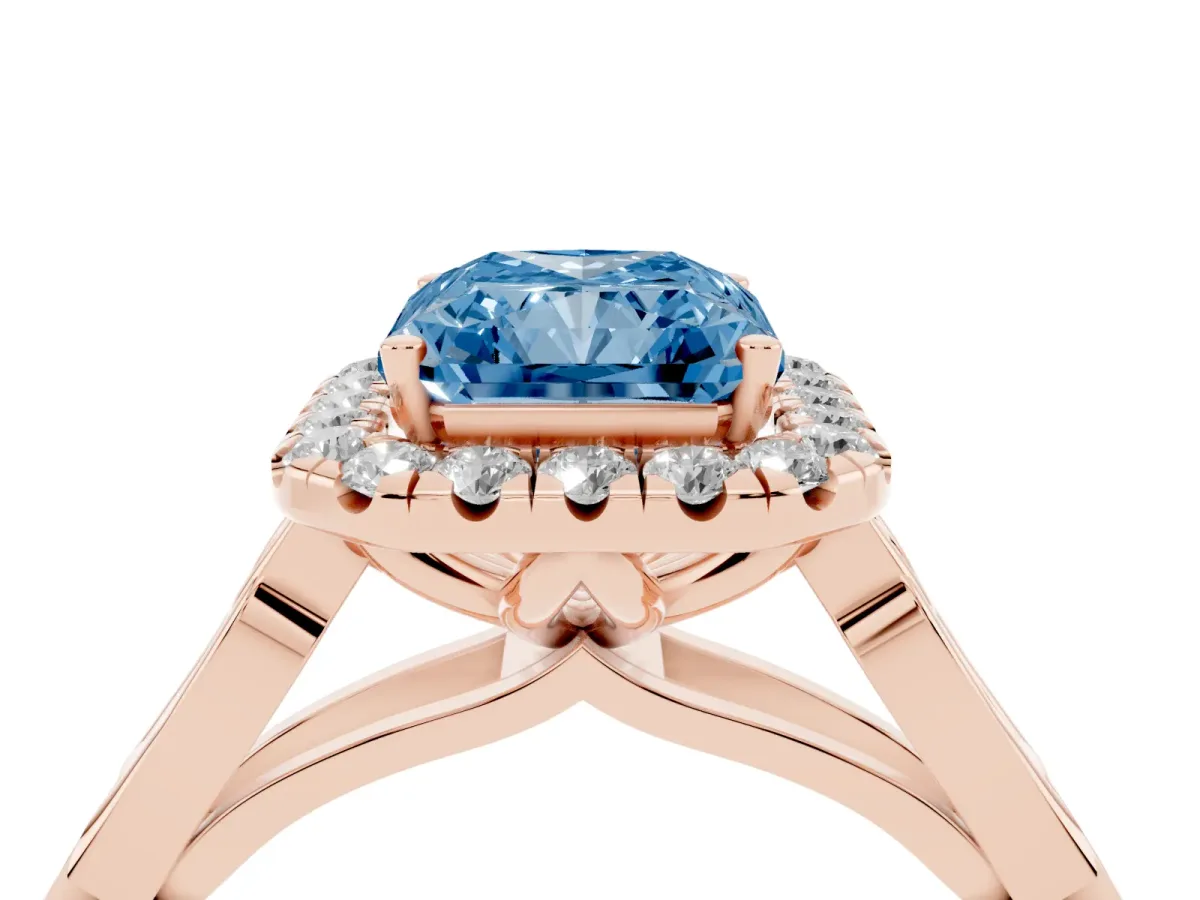 Fancy Blue Radiant Cut Halo Diamond Engagement Ring with Filigree Band and Four-Prong Setting Rose gold