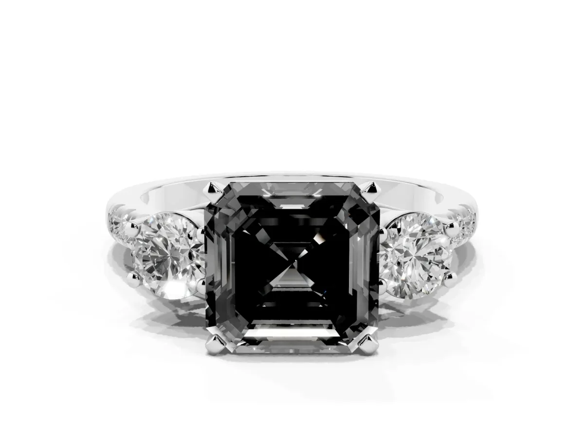 Fancy Black Three-Stone Asscher Cut Diamond Pavé Band with Four-Prong Setting Platinum