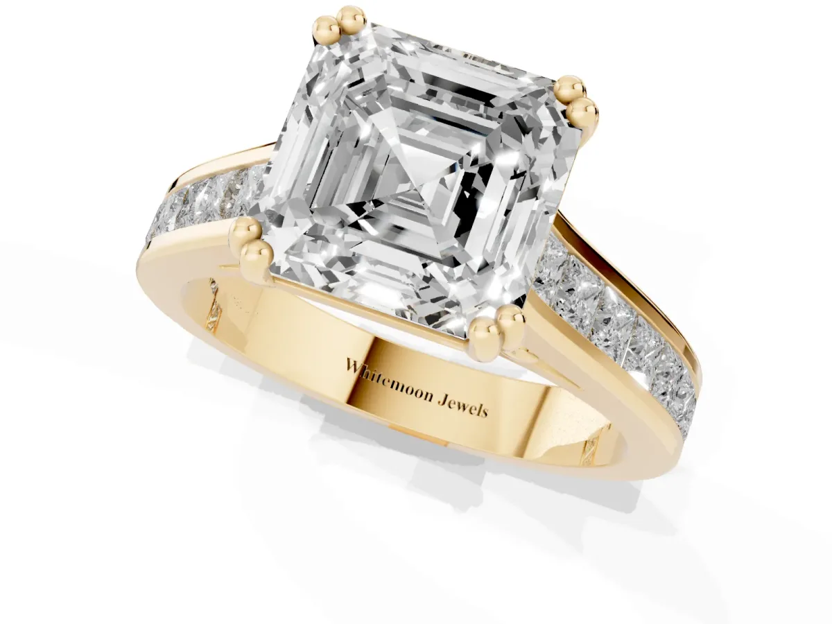 Asscher Cut Cut Channel Set Solitaire Engagement Ring with Prong Setting Yellow gold