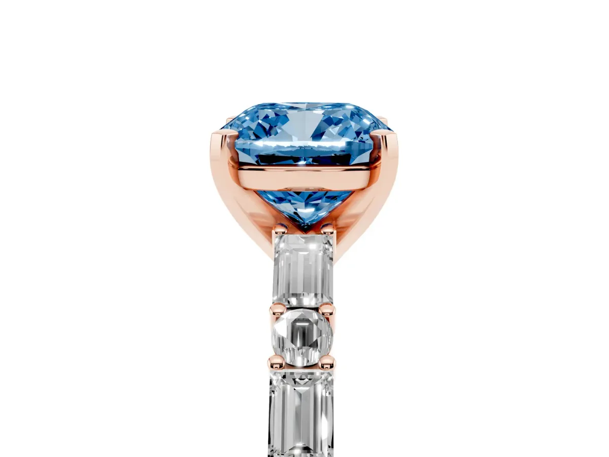 Fancy Blue Cushion Cut Diamond Solitaire with Side Baguettes and Channel Set Band Rose gold