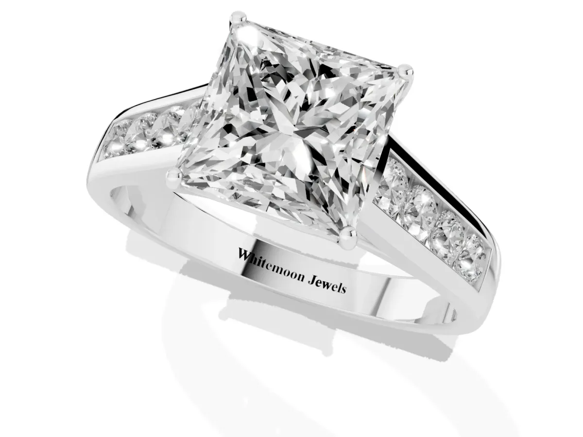 Princess Cut Brilliant Channel-Set Solitaire Ring with Four-Prong Setting Silver