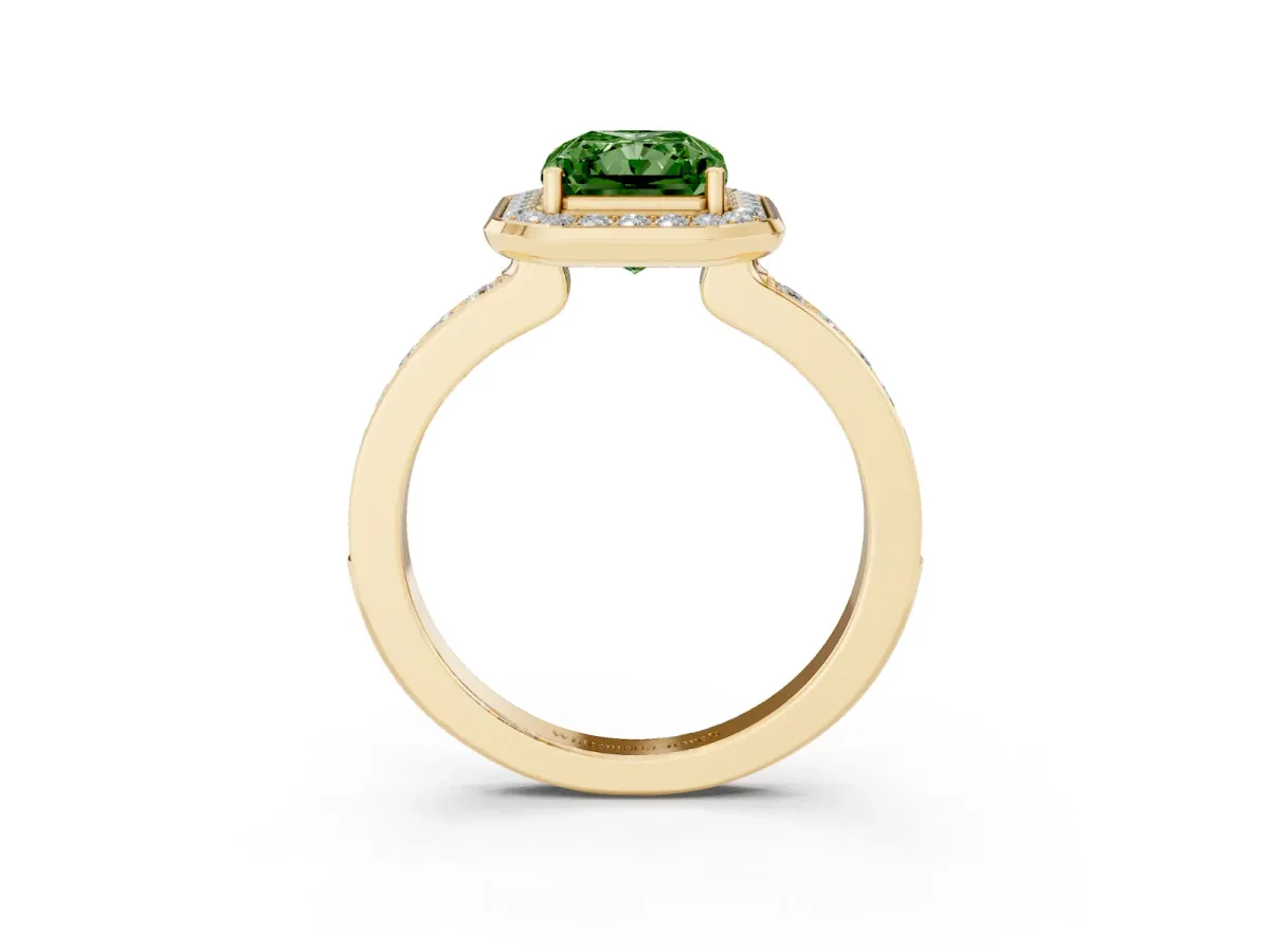 Fancy Green Radiant Cut Diamond Halo Ring with Bezel Frame and Pavé Band Yellow gold
