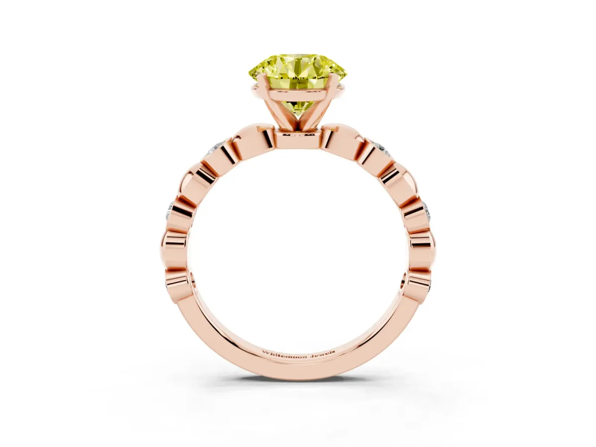 Fancy Yellow Round Cut Solitaire Bezel-Set Diamond Ring with Beaded Band and Four-Prong Setting Rose gold