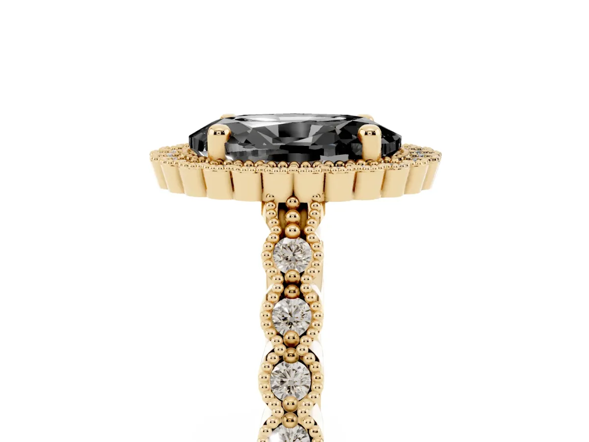 Fancy Black Oval Cut Cut Halo Pavé Solitaire Ring with Milgrain Band Yellow gold