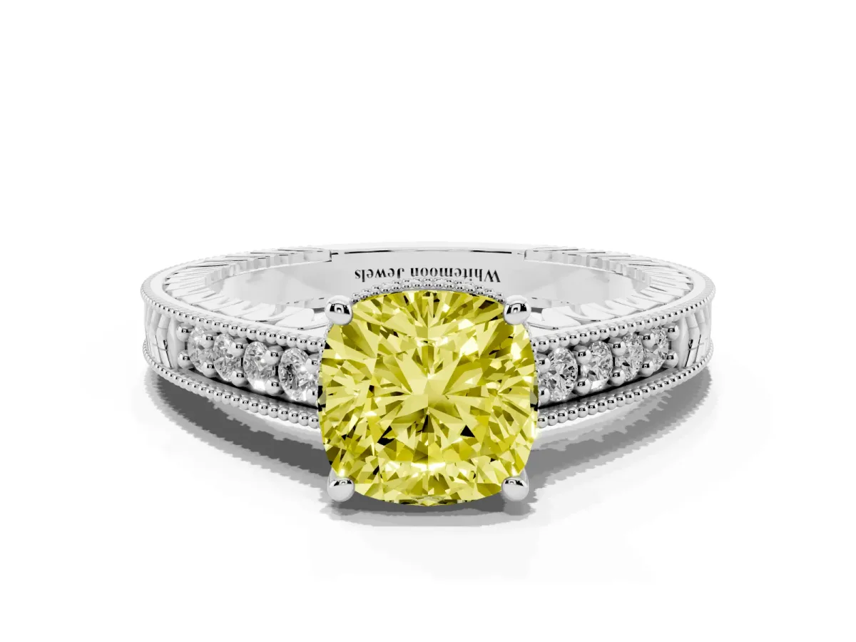 Fancy Yellow Cushion Cut Solitaire Pavé Diamond Milgrain Engagement Ring with Four-Prong Setting Silver