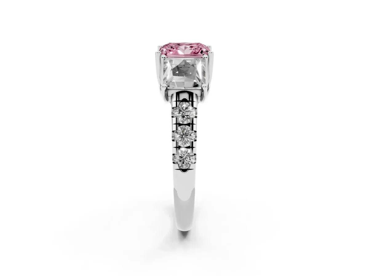 Fancy Pink Three-Stone Princess Cut Diamond Pavé Band with Prong Setting Silver