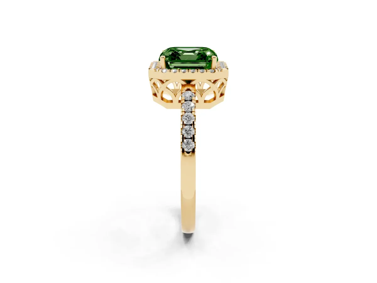Fancy Green Asscher Cut Halo Diamond Engagement Ring with Pavé Band and Four-Prong Setting Yellow gold