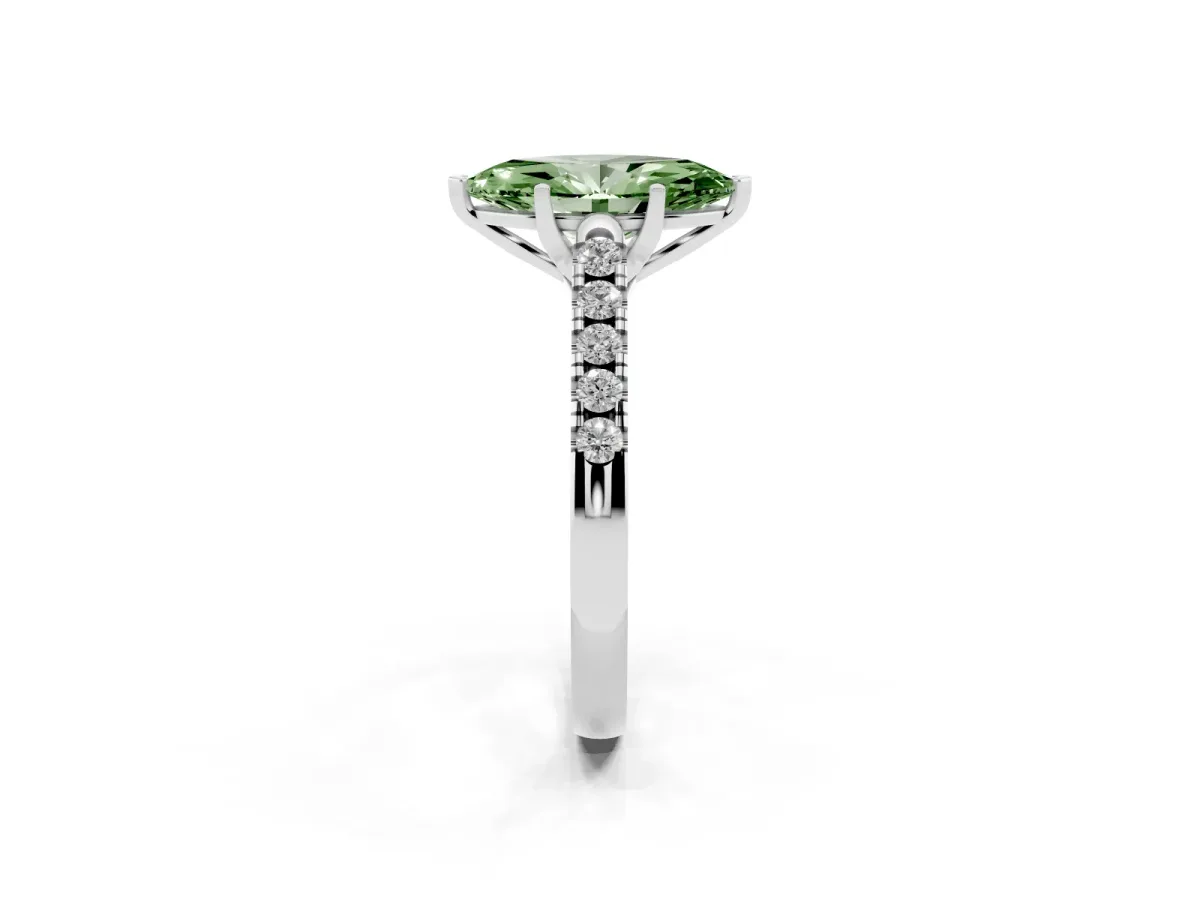 Fancy Green Marquise Cut Diamond Pavé Band Solitaire Ring with Prong Setting Silver