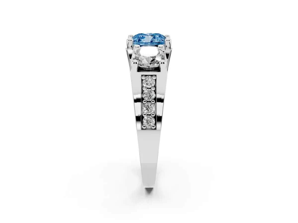 Fancy Blue Cushion Cut Diamond Three-Stone Ring with Channel Set Band and Four-Prong Setting White gold