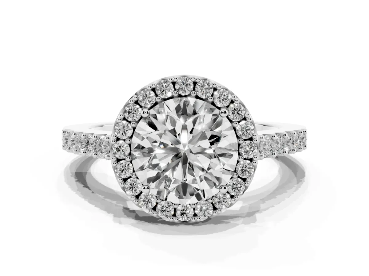 Round Cut Halo Diamond Pavé Solitaire Ring Platinum