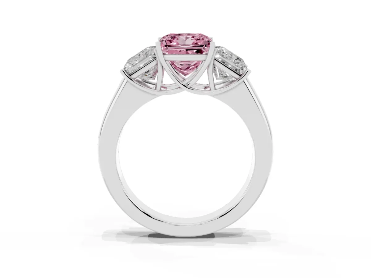 Fancy Pink Three-Stone Princess Cut Cut Diamond Ring with Prong Setting and Classic Band Silver
