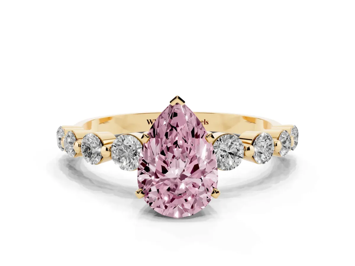 Fancy Pink Pear Cut Solitaire Diamond Ring with Pave Band and Four-Prong Setting Yellow gold