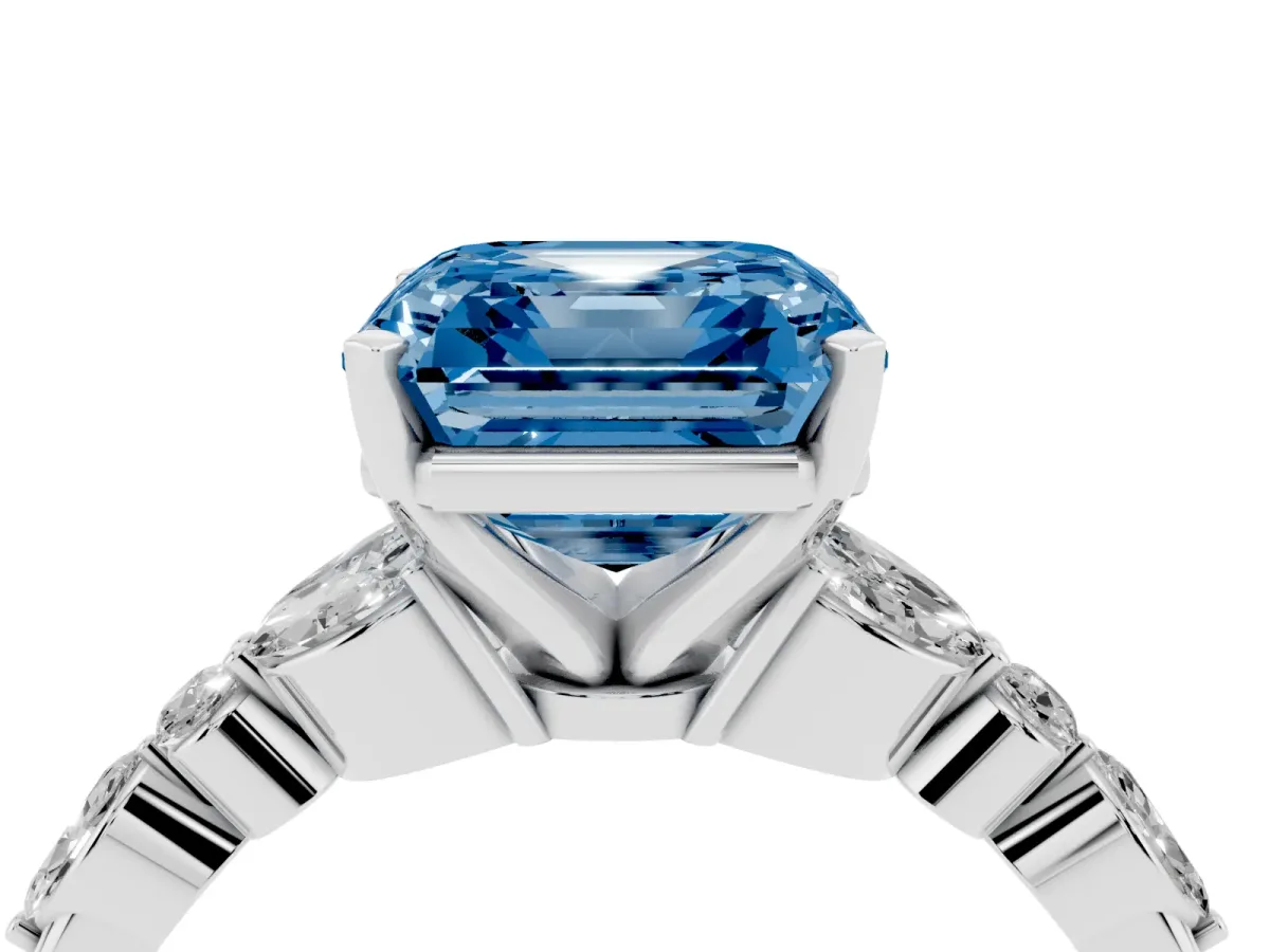 Fancy Blue Asscher Cut Diamond Solitaire Ring with Side Stones and Four-Prong Setting Silver