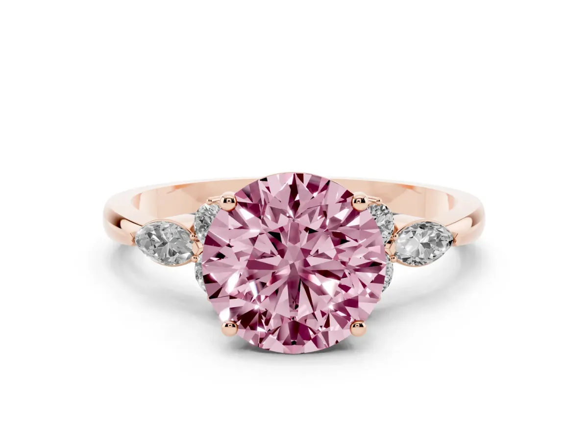 Fancy Pink Round Cut Brilliant Diamond Solitaire Ring with Pear Side Stones and Four-Prong Setting Rose gold