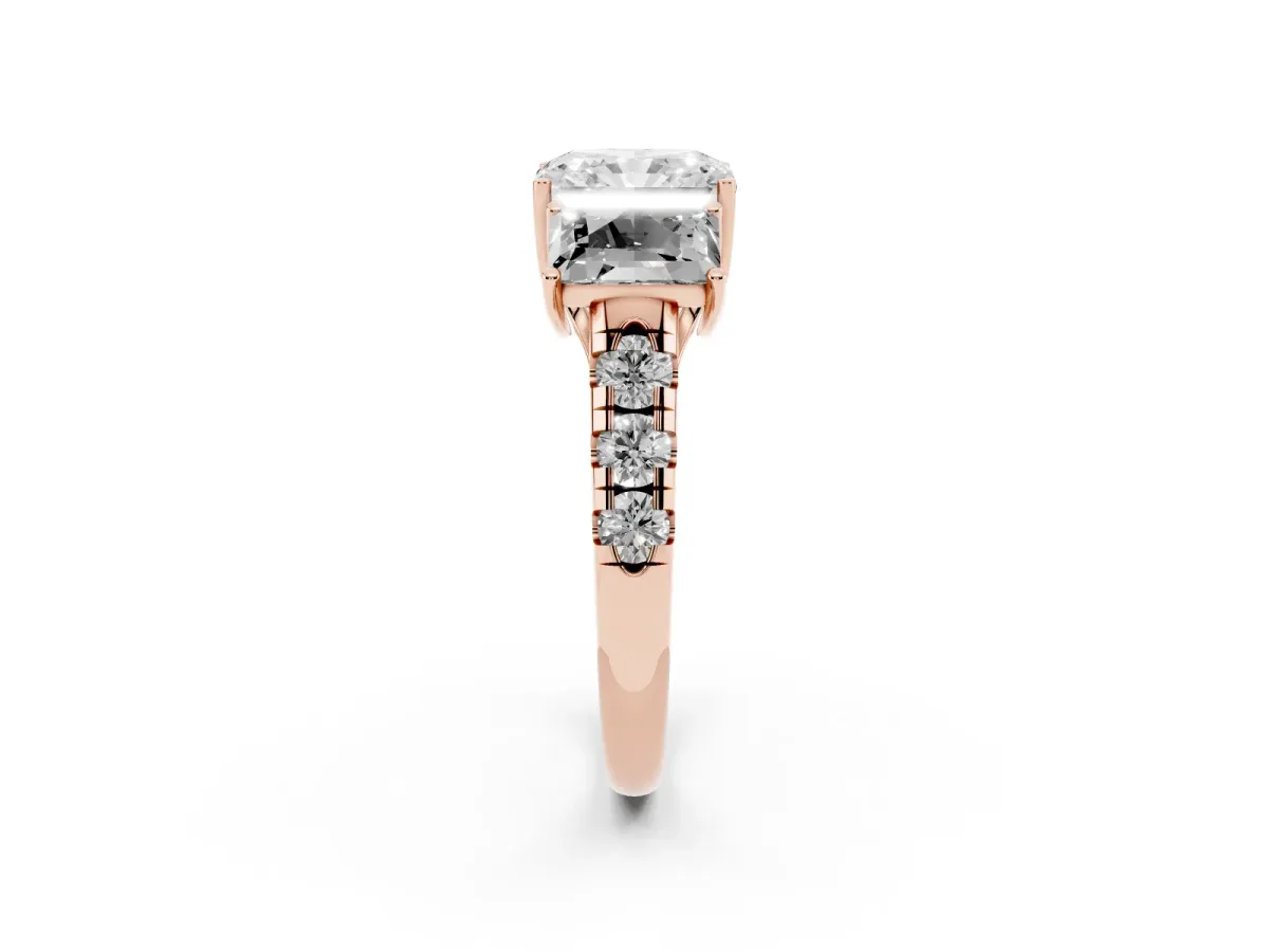Three-Stone Radiant Cut Diamond Pavé Band with Prong Setting Rose gold