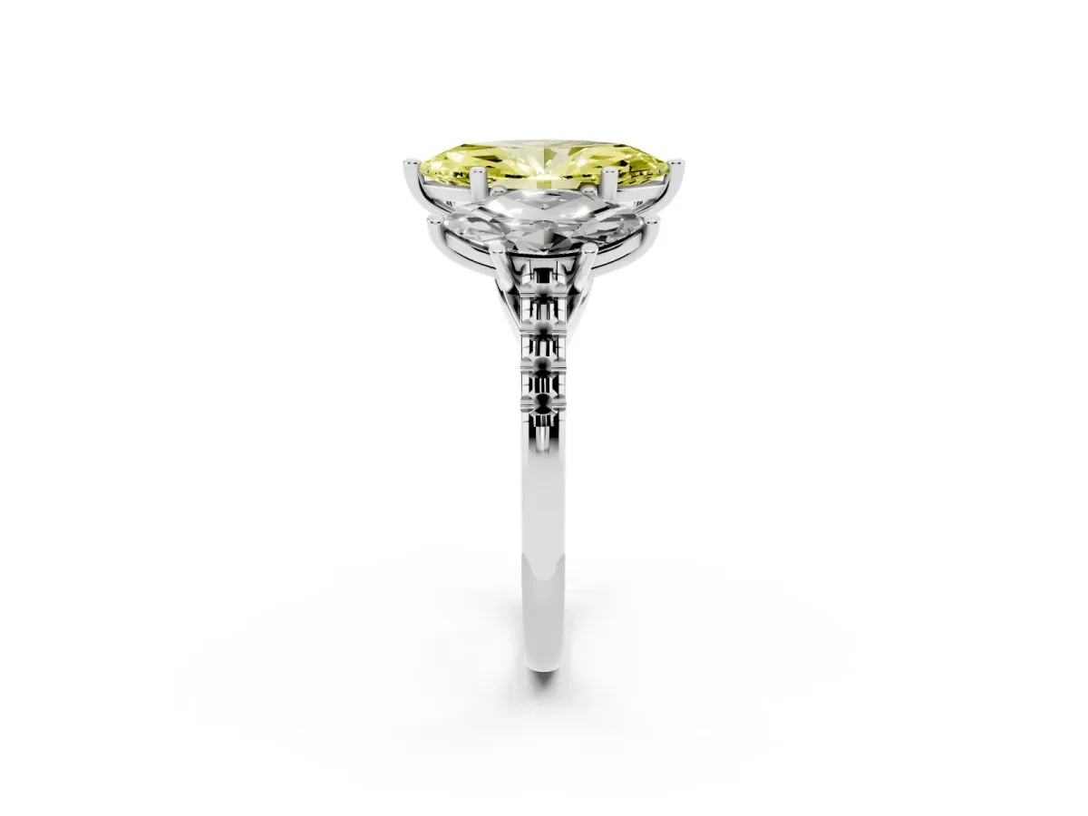 Fancy Yellow Three-Stone Marquise Cut Diamond Ring with Round Pavé Band and Prong Setting Silver