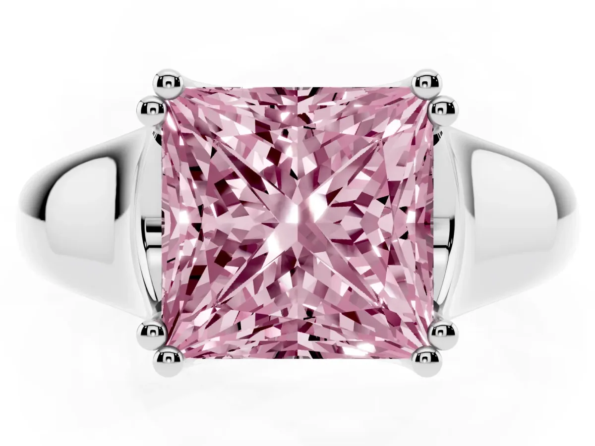 Fancy Pink Princess Cut Diamond Solitaire Ring with Wide Band and Prong Setting Silver