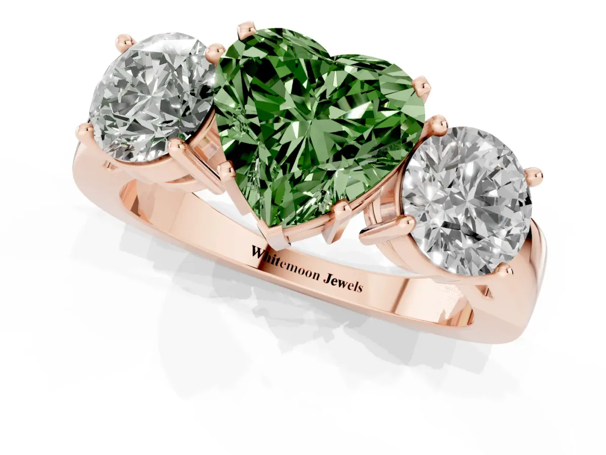 Fancy Green Three-Stone Heart Cut Diamond Ring with Round Side Stones, Classic Band, and Four-Prong Setting Rose gold
