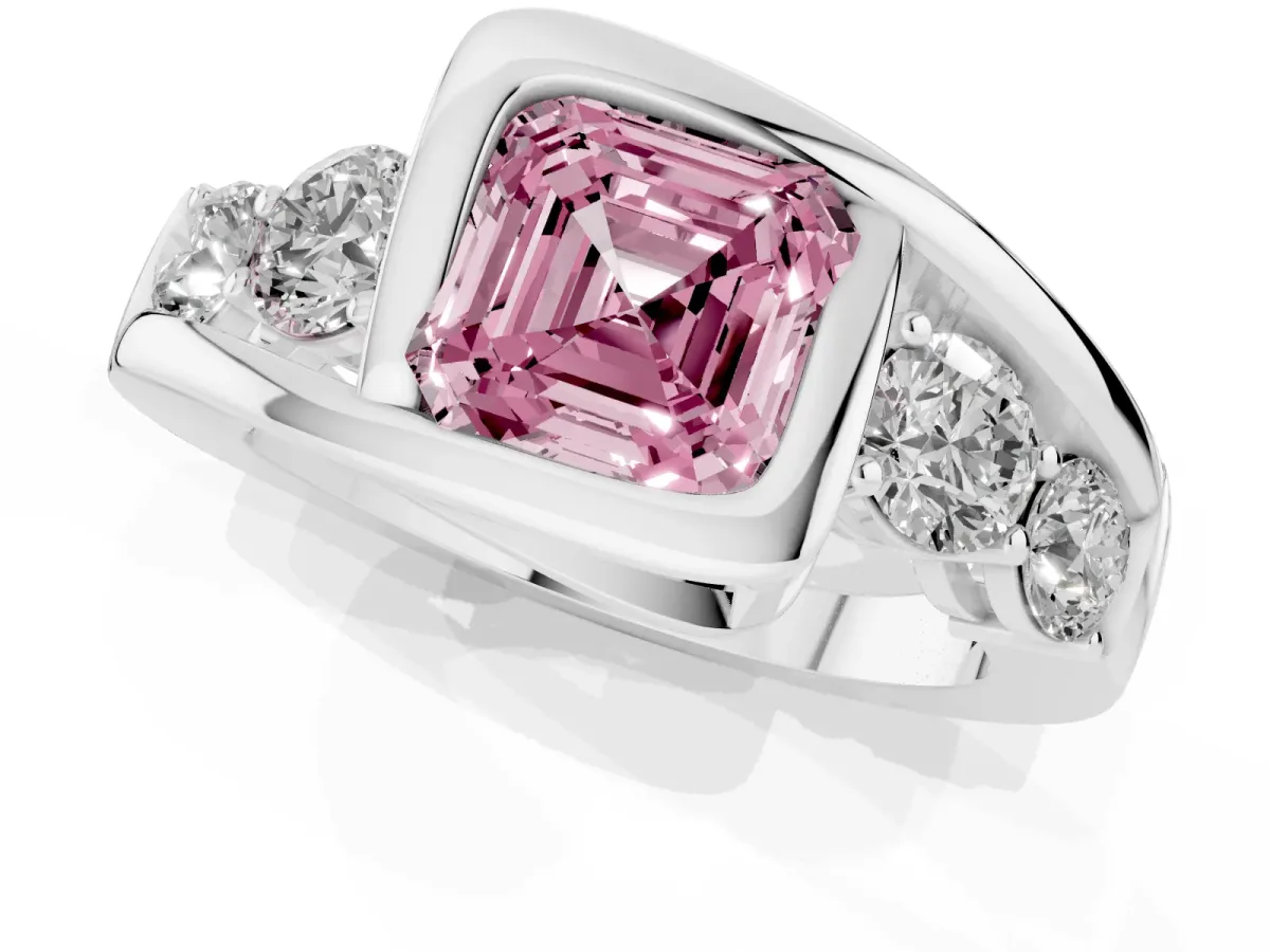 Fancy Pink Bezel Set Asscher Cut Diamond Bypass Ring with Round Accents Silver