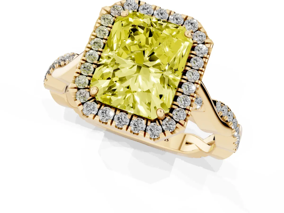 Fancy Yellow Radiant Cut Halo Twist Band Solitaire Ring Yellow gold