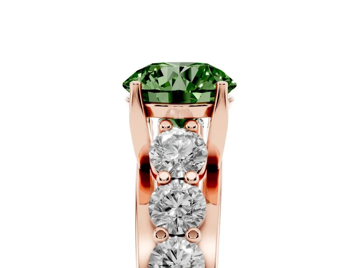 Fancy Green Round Cut Diamond Engagement Ring with Pavé Band and Four-Prong Setting Rose gold