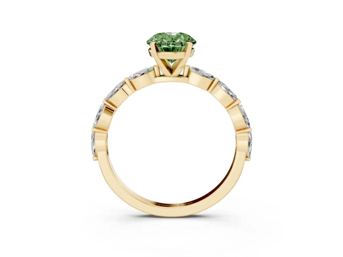 Fancy Green Oval Cut Diamond Ring with Marquise Side Stones and Prong Setting Yellow gold