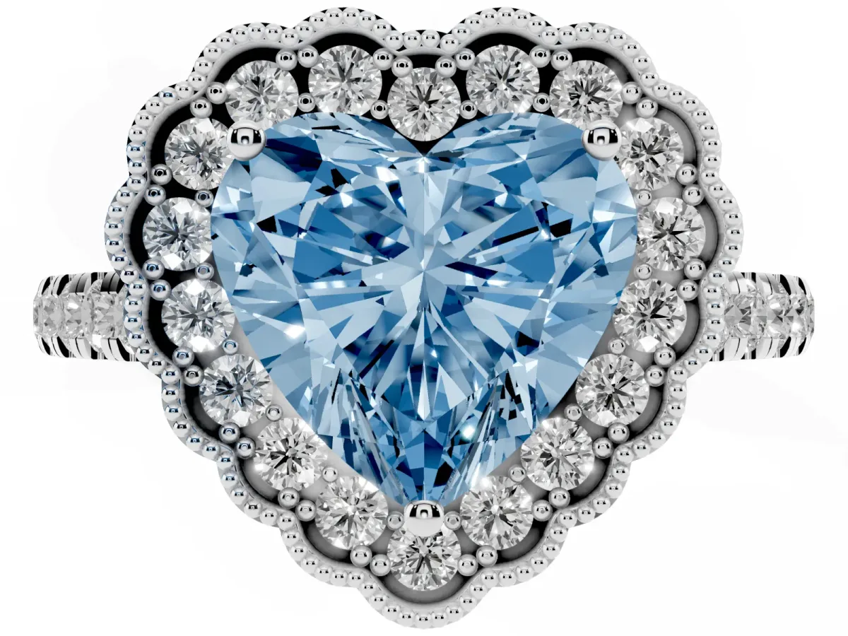 Fancy Blue Heart Cut Cut Diamond Milgrain Floral Halo Engagement Ring with Pavé Band Silver