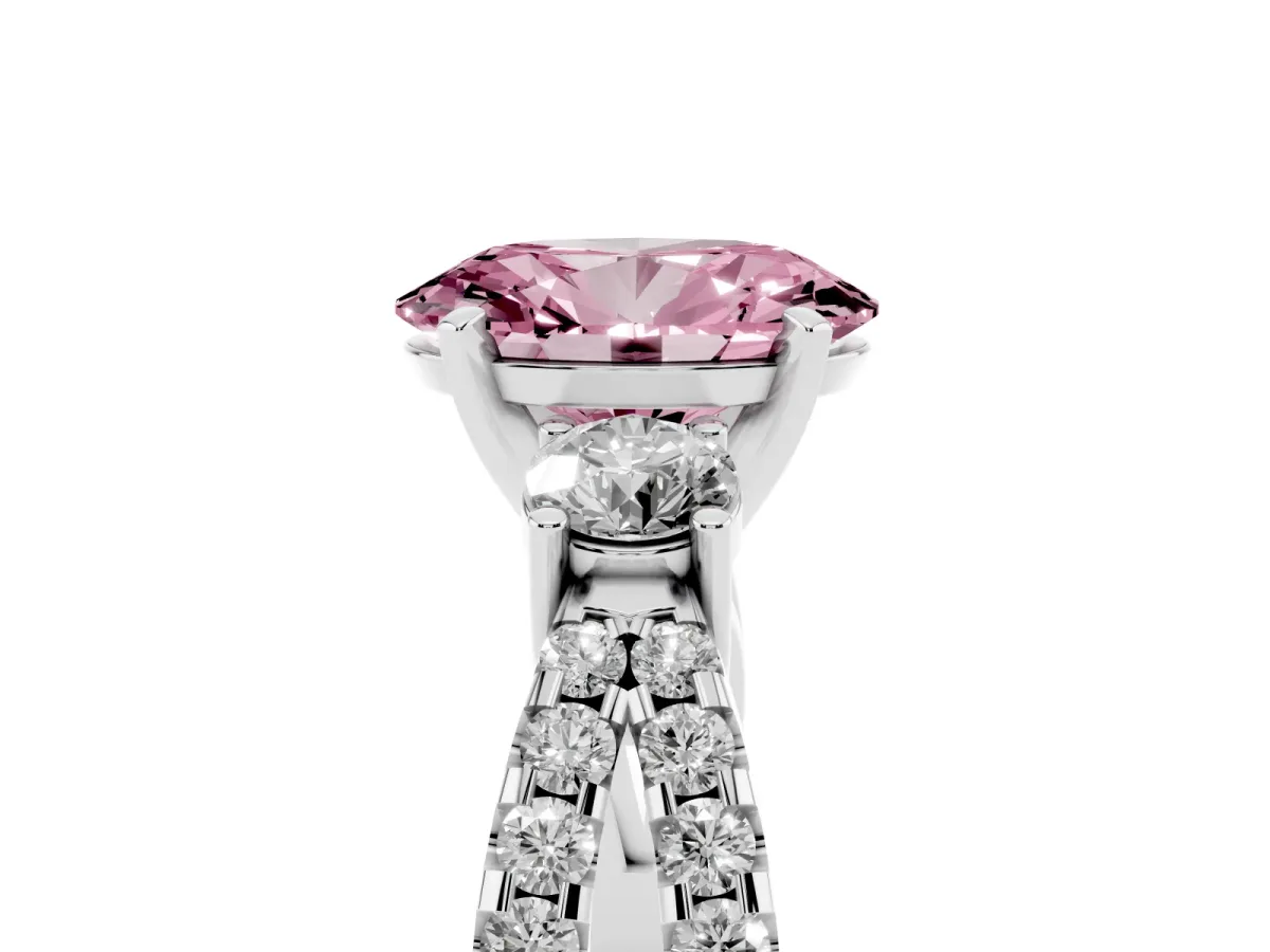 Fancy Pink Oval Cut Diamond Three-Stone Ring with Pavé Split Shank and Four-Prong Setting Silver